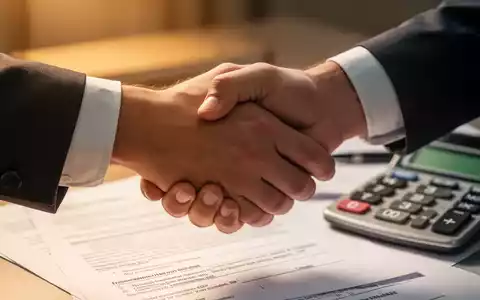 Zwei Hände schütteln sich, im Hintergrund unscharfe juristische Dokumente und ein Taschenrechner, symbolisieren Abfindungen und Arbeitsrecht. - Foto: über boerse-global.de