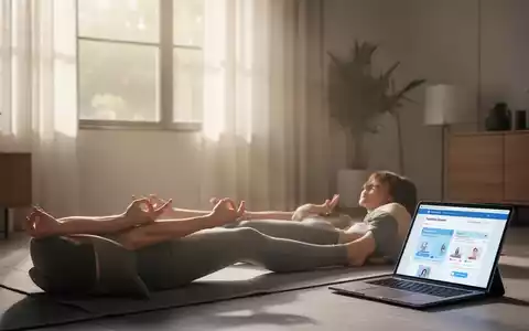 Eine Person meditiert ruhig in einem modernen Wohnzimmer, mit sanftem Licht und einem Laptop, der einen Online-Kurs zeigt. - Foto: über boerse-global.de