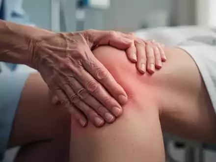Eine Nahaufnahme der Hand einer reifen Frau, die ihr schmerzendes Knie berührt, symbolisiert Gelenkschmerzen und Hormontherapie. - Foto: über boerse-global.de