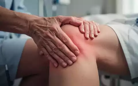 Eine Nahaufnahme der Hand einer reifen Frau, die ihr schmerzendes Knie berührt, symbolisiert Gelenkschmerzen und Hormontherapie. - Foto: über boerse-global.de