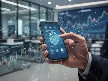 Nahaufnahme einer Hand, die ein Smartphone hält, mit biometrischem Fingerabdruckscan auf dem Bildschirm, umgeben von digitalen Sicherheitsgrafiken. - Foto: über boerse-global.de