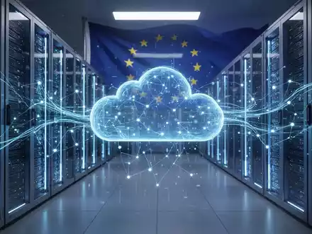 Sicherer, futuristischer Serverraum mit blauem Leuchten und digitalem Datenfluss, symbolisiert eine souveräne Cloud-Umgebung. - Foto: über boerse-global.de