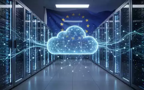 Sicherer, futuristischer Serverraum mit blauem Leuchten und digitalem Datenfluss, symbolisiert eine souveräne Cloud-Umgebung. - Foto: über boerse-global.de