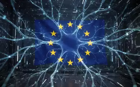 Abstrakte Darstellung von KI-Regulierung mit leuchtenden neuronalen Netzwerken, die auf eine stilisierte EU-Flagge zulaufen. - Foto: über boerse-global.de