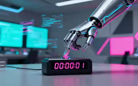 Eine Roboterhand drückt einen Countdown-Timer, der '00:00:01' anzeigt, in einem High-Tech-Kontrollraum. - Foto: über boerse-global.de