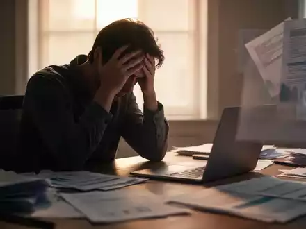 Eine Person sitzt am Schreibtisch mit dem Kopf in den Händen, umgeben von Dokumenten und einem Laptop, was Überforderung und Stress symbolisiert. - Foto: über boerse-global.de