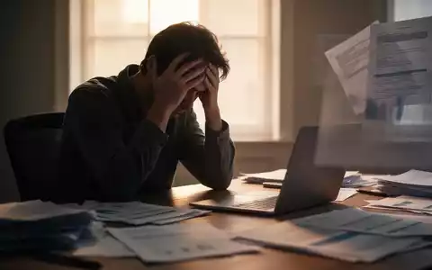 Eine Person sitzt am Schreibtisch mit dem Kopf in den Händen, umgeben von Dokumenten und einem Laptop, was Überforderung und Stress symbolisiert. - Foto: über boerse-global.de
