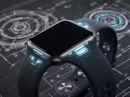 Nahaufnahme eines futuristischen Apple Watch Armbands mit dezent leuchtenden Gesundheitssensoren in dunklem Silikon, die auf fortschrittliche Technologie hinweisen. - Foto: über boerse-global.de