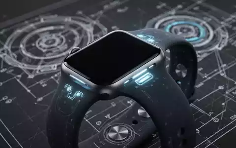 Nahaufnahme eines futuristischen Apple Watch Armbands mit dezent leuchtenden Gesundheitssensoren in dunklem Silikon, die auf fortschrittliche Technologie hinweisen. - Foto: über boerse-global.de