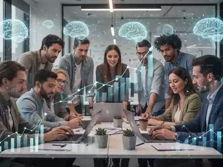Kleinunternehmer arbeiten in einem modernen Büro mit subtilen KI-Visualisierungen zusammen, die Wachstum und technologische Integration symbolisieren. - Foto: über boerse-global.de
