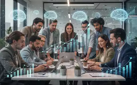 Kleinunternehmer arbeiten in einem modernen Büro mit subtilen KI-Visualisierungen zusammen, die Wachstum und technologische Integration symbolisieren. - Foto: über boerse-global.de