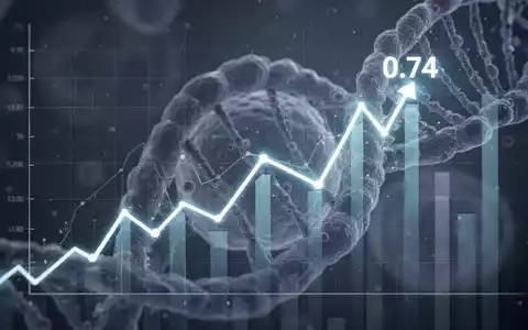 Eine stilisierte, leuchtende Börsenkurve mit einem Datenpunkt bei 0,74 Dollar, überlagert mit abstrakter Biotechnologie. - Foto: über boerse-global.de