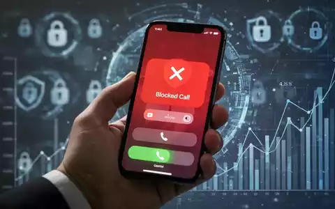 Eine Nahaufnahme einer Hand, die ein Smartphone mit einer blockierten Anrufbenachrichtigung hält, vor einem unscharfen Hintergrund digitaler Sicherheitssymbole. - Foto: über boerse-global.de
