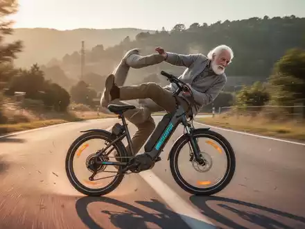 Ein älterer Mensch stürzt von einem E-Bike auf einer Landstraße, mit Bewegungsunschärfe und warmer Nachmittagsbeleuchtung. - Foto: über boerse-global.de