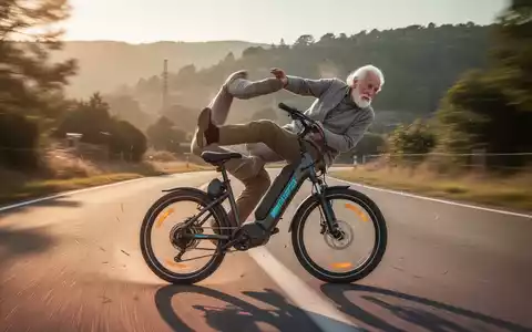 Ein älterer Mensch stürzt von einem E-Bike auf einer Landstraße, mit Bewegungsunschärfe und warmer Nachmittagsbeleuchtung. - Foto: über boerse-global.de