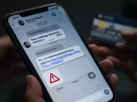 Nahaufnahme eines Smartphone-Bildschirms mit einer betrügerischen SMS zu einer Paketlieferung und einer Kreditkarte im verschwommenen Hintergrund. - Foto: über boerse-global.de