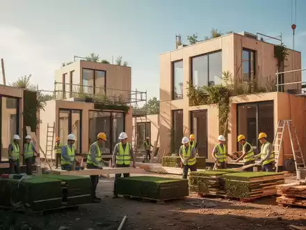 Eine nachhaltige Baustelle mit modernen Holzmodulstrukturen und Arbeitern, die umweltfreundliche Materialien verwenden. - Foto: über boerse-global.de