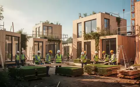 Eine nachhaltige Baustelle mit modernen Holzmodulstrukturen und Arbeitern, die umweltfreundliche Materialien verwenden. - Foto: über boerse-global.de