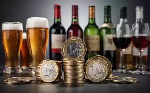 Gestapelte Euromünzen neben verschiedenen alkoholischen Getränken (Bier, Wein, Spirituosen), die Steuern auf Alkohol symbolisieren. - Foto: über boerse-global.de