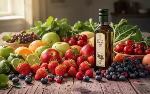 Eine Auswahl an frischen Früchten und Gemüse, darunter regionale Beeren und Olivenöl, auf einem Holztisch. - Foto: über boerse-global.de