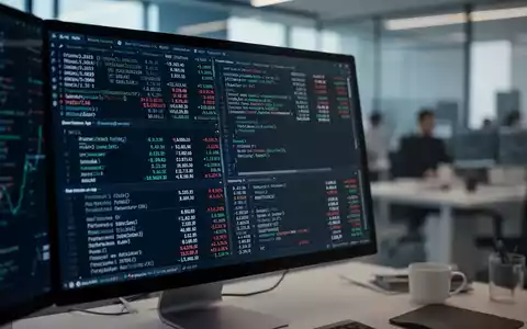 Nahaufnahme eines Computerbildschirms mit Finanztransaktionsdaten und Code, mit verschwommenem Hintergrund eines modernen Büros. - Foto: über boerse-global.de