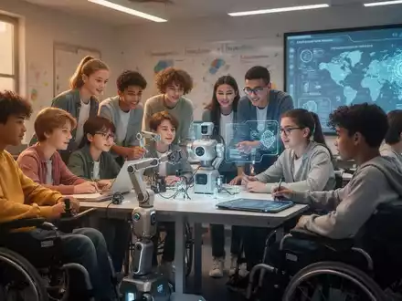 Schüler lernen mit Robotern und KI in einem modernen Klassenzimmer, symbolisiert globale Bildung und Kompetenzentwicklung. - Foto: über boerse-global.de