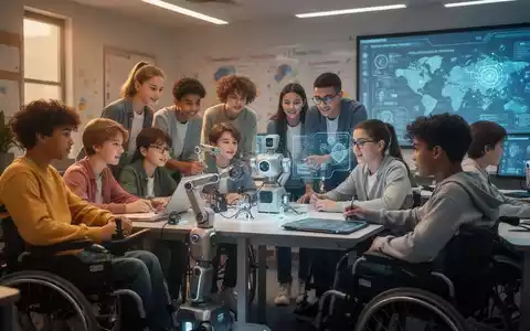 Schüler lernen mit Robotern und KI in einem modernen Klassenzimmer, symbolisiert globale Bildung und Kompetenzentwicklung. - Foto: über boerse-global.de