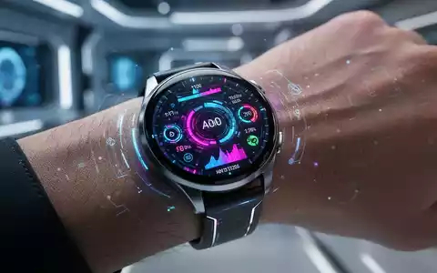 Nahaufnahme einer futuristischen Smartwatch am Handgelenk mit Gesundheitsdaten und KI-Oberfläche in leuchtender Grafik. - Foto: über boerse-global.de