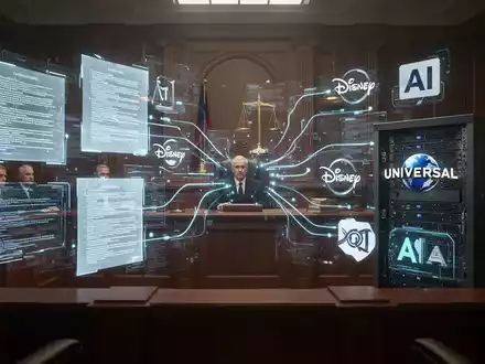 Stilisierte Gerichtsszene mit digitalen Rechtsdokumenten und Datenströmen, die Studio-Logos mit KI-Server-Racks verbinden. - Foto: über boerse-global.de