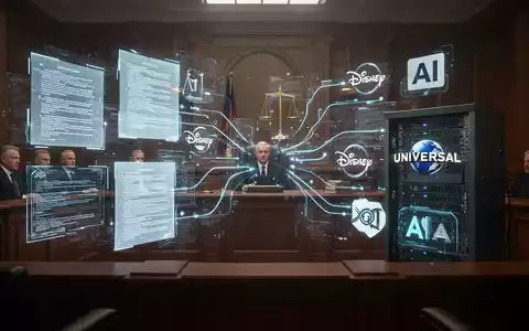 Stilisierte Gerichtsszene mit digitalen Rechtsdokumenten und Datenströmen, die Studio-Logos mit KI-Server-Racks verbinden. - Foto: über boerse-global.de