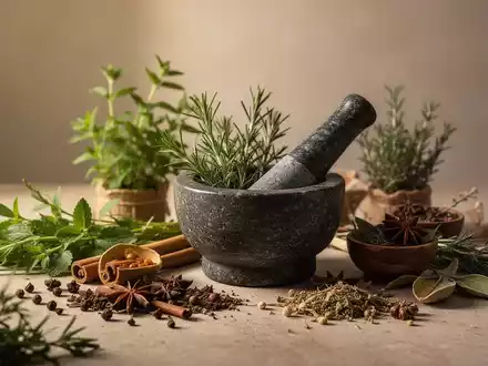 Eine ruhige Komposition mit Naturmaterialien wie Kräutern, Gewürzen und einem Mörser, die Ayurveda und Naturheilkunde symbolisieren. - Foto: über boerse-global.de