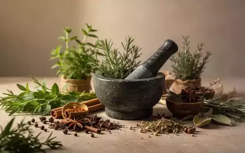 Eine ruhige Komposition mit Naturmaterialien wie Kräutern, Gewürzen und einem Mörser, die Ayurveda und Naturheilkunde symbolisieren. - Foto: über boerse-global.de