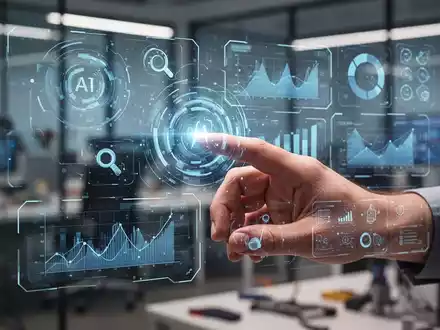 Eine Hand interagiert mit einer schwebenden, leuchtenden holografischen Benutzeroberfläche, die Daten und Werkzeuge anzeigt. - Foto: über boerse-global.de