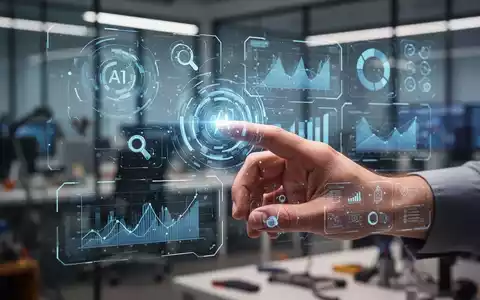 Eine Hand interagiert mit einer schwebenden, leuchtenden holografischen Benutzeroberfläche, die Daten und Werkzeuge anzeigt. - Foto: über boerse-global.de
