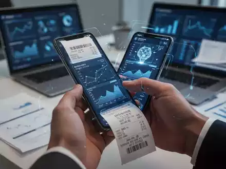 Eine Hand hält ein Smartphone, das einen Beleg scannt, mit einer KI-Anwendung auf dem Bildschirm, im Hintergrund ein Büroschreibtisch. - Foto: über boerse-global.de