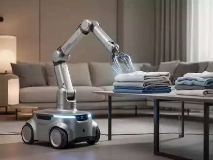 Ein schlanker, moderner Haushaltsroboter mit Greifwerkzeugen faltet Wäsche in einem minimalistischen Wohnzimmer. - Foto: über boerse-global.de