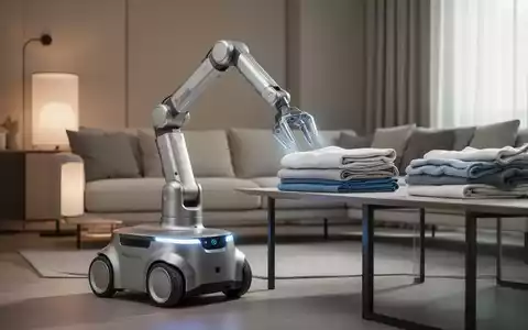 Ein schlanker, moderner Haushaltsroboter mit Greifwerkzeugen faltet Wäsche in einem minimalistischen Wohnzimmer. - Foto: über boerse-global.de