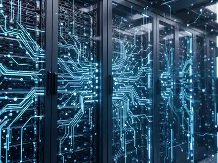 Nahaufnahme von Server-Racks mit blauen Lichtern, die moderne Rechenzentrumsinfrastruktur und Speicherlösungen für KI zeigen. - Foto: über boerse-global.de