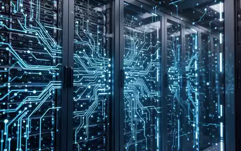 Nahaufnahme von Server-Racks mit blauen Lichtern, die moderne Rechenzentrumsinfrastruktur und Speicherlösungen für KI zeigen. - Foto: über boerse-global.de