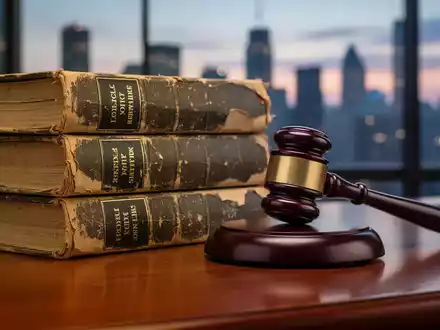 Ein Nahaufnahme-Bild von einem Stapel alter Gesetzesbücher und einem Richterhammer auf einem Holzschreibtisch, mit einer verschwommenen Stadtsilhouette im Hintergrund. - Foto: über boerse-global.de