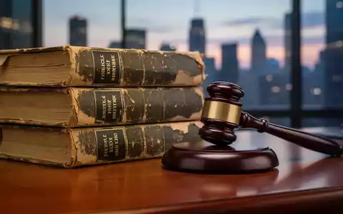 Ein Nahaufnahme-Bild von einem Stapel alter Gesetzesbücher und einem Richterhammer auf einem Holzschreibtisch, mit einer verschwommenen Stadtsilhouette im Hintergrund. - Foto: über boerse-global.de