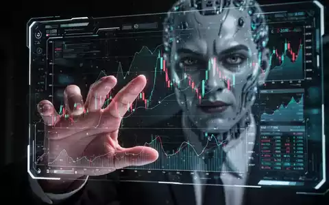 Eine Hand greift nach einem holographischen Bildschirm mit Finanzdaten, auf dem sich ein verschwommenes, bedrohliches Gesicht spiegelt. - Foto: über boerse-global.de