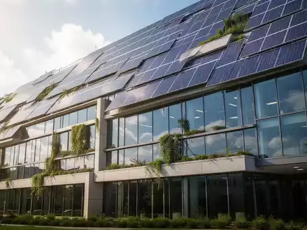 Eine moderne Gewerbegebäude-Fassade mit Solarpaneelen und Grünelementen, die Energieeffizienz und finanzielle Förderungen symbolisiert. - Foto: über boerse-global.de
