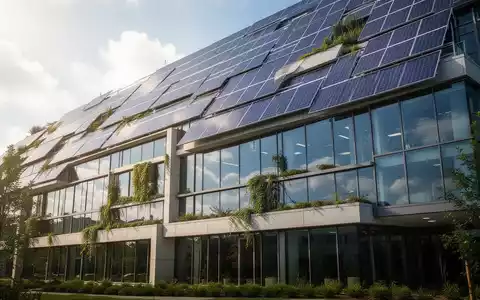 Eine moderne Gewerbegebäude-Fassade mit Solarpaneelen und Grünelementen, die Energieeffizienz und finanzielle Förderungen symbolisiert. - Foto: über boerse-global.de