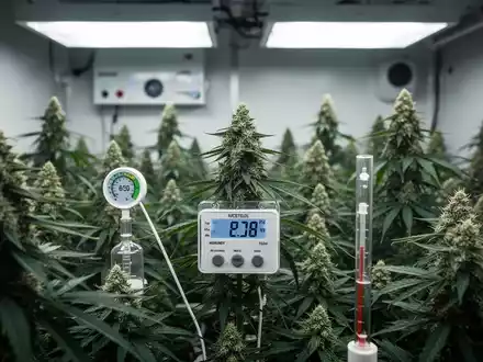 Nahaufnahme von medizinischen Cannabisblüten in einer kontrollierten Umgebung, mit einem Hygrometer, das optimale Luftfeuchtigkeit anzeigt. - Foto: über boerse-global.de
