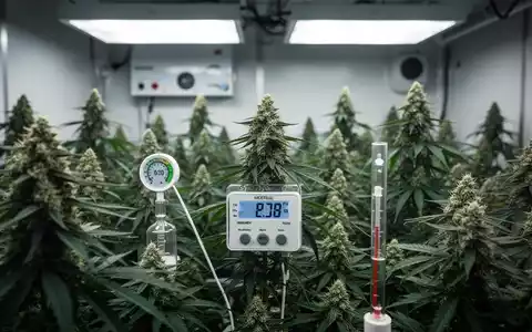 Nahaufnahme von medizinischen Cannabisblüten in einer kontrollierten Umgebung, mit einem Hygrometer, das optimale Luftfeuchtigkeit anzeigt. - Foto: über boerse-global.de