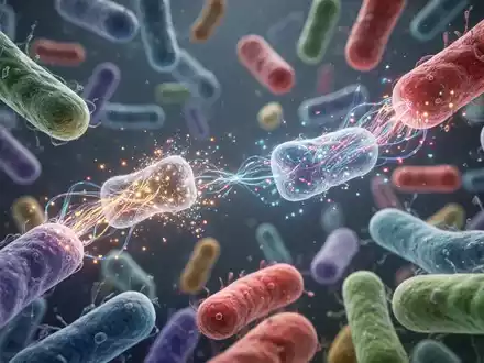 Mikroskopische Ansicht von Darmbakterien, die genetisches Material austauschen, symbolisiert evolutionäre Anpassung und Dynamik. - Foto: über boerse-global.de