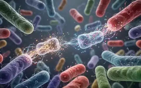 Mikroskopische Ansicht von Darmbakterien, die genetisches Material austauschen, symbolisiert evolutionäre Anpassung und Dynamik. - Foto: über boerse-global.de