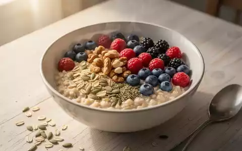 Eine appetitliche Frühstücksschale mit Haferflocken, Beeren, Nüssen und Samen auf einem Holztisch, beleuchtet von sanftem Morgenlicht. - Foto: über boerse-global.de