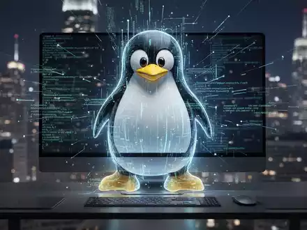 Stilisierter Linux-Pinguin aus Datenströmen auf modernem Desktop, verschwommener Stadthintergrund. - Foto: über boerse-global.de